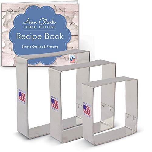 Ann Clark Cookie Cutters Juego de 3 cortadores de galletas cuadrado con libro de recetas - 6,5 cm, 7,6 cm y 8,9 cm