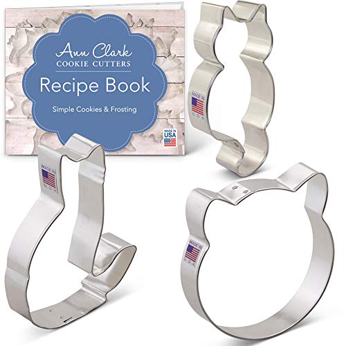 Ann Clark Cookie Cutters Juego de 3 cortadores de galletas gato con libro de recetas, cara de gato, gatito adorable y gato