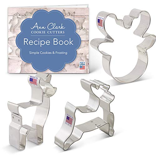 Ann Clark Cookie Cutters Juego de 3 cortadores de galletas reno/ciervo con libro de recetas, cabeza de reno, cervatillo/ciervo y reno