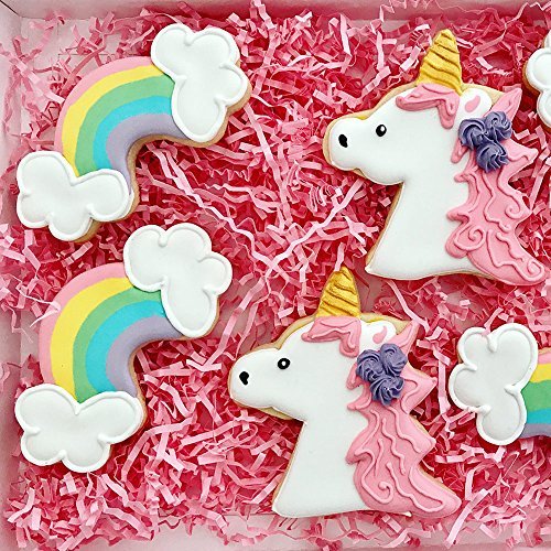 Ann Clark Cookie Cutters Juego de 3 cortadores de galletas unicornio fantasía con libro de recetas, cabeza de unicornio, unicornio y arco iris - Acero fabricado en EE. UU.