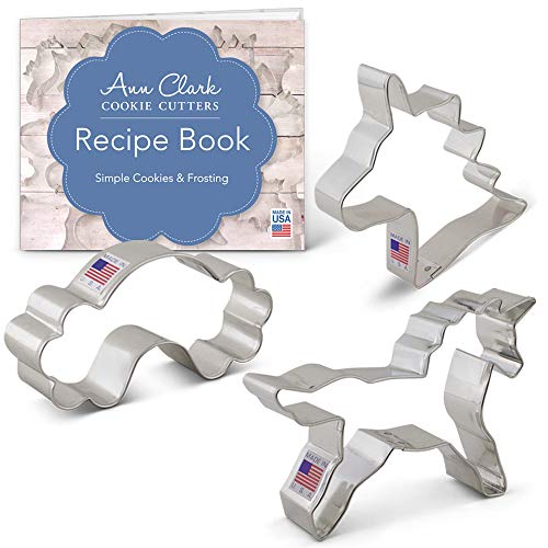 Ann Clark Cookie Cutters Juego de 3 cortadores de galletas unicornio fantasía con libro de recetas, cabeza de unicornio, unicornio y arco iris - Acero fabricado en EE. UU.