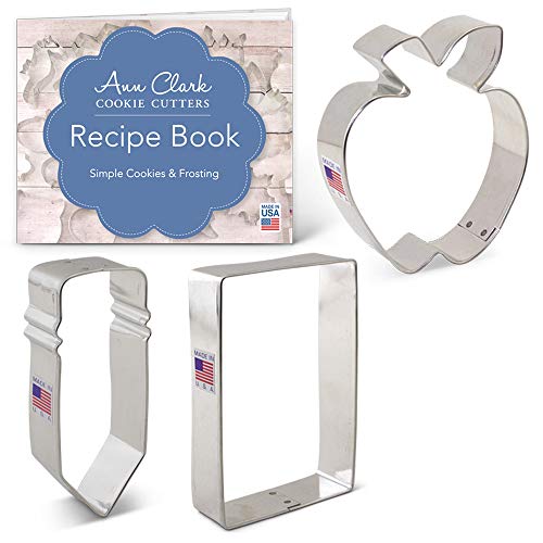 Ann Clark Cookie Cutters Juego de 3 cortadores de galletas vuelta al cole con libro de recetas, manzana, lápiz y papel