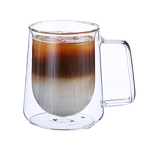 Ansug - Taza de café de doble cristal con cuchara de cristal, vasos resistentes al calor, vasos transparentes con asa para té, café, capuchino, cerveza