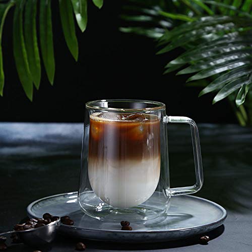Ansug - Taza de café de doble cristal con cuchara de cristal, vasos resistentes al calor, vasos transparentes con asa para té, café, capuchino, cerveza