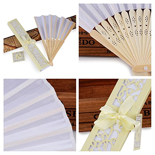 AONER 20pcs Abanico Blanco de Boda Plegable de Mano Tela Regalo Recuerdo Detalle para Invitados de Boda Fiesta o Baile Arte Madera con Caja Papel para Guardar (Abanico Blanco + Caja Beige)