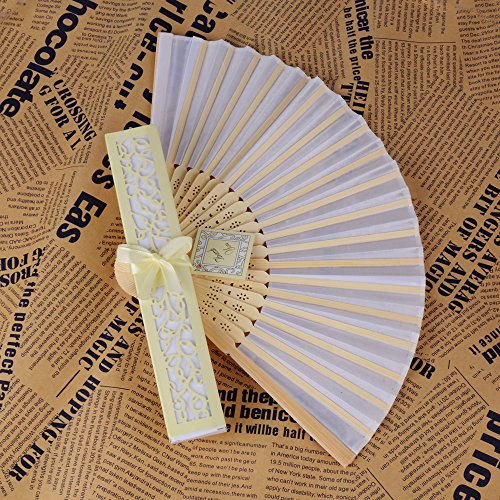 AONER 20pcs Abanico Blanco de Boda Plegable de Mano Tela Regalo Recuerdo Detalle para Invitados de Boda Fiesta o Baile Arte Madera con Caja Papel para Guardar (Abanico Blanco + Caja Beige)