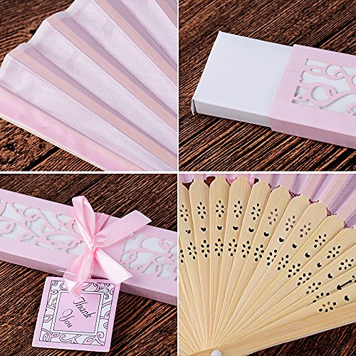 AONER 20pcs Abanico Rosa de Boda Plegable de Mano Tela Regalo Recuerdo Detalle para Invitados de Boda Fiesta o Baile Arte Madera con Caja Papel para Guardar (Abanico Rosa + Caja Rosa)