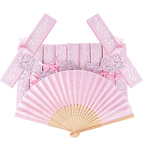 AONER 20pcs Abanico Rosa de Boda Plegable de Mano Tela Regalo Recuerdo Detalle para Invitados de Boda Fiesta o Baile Arte Madera con Caja Papel para Guardar (Abanico Rosa + Caja Rosa)