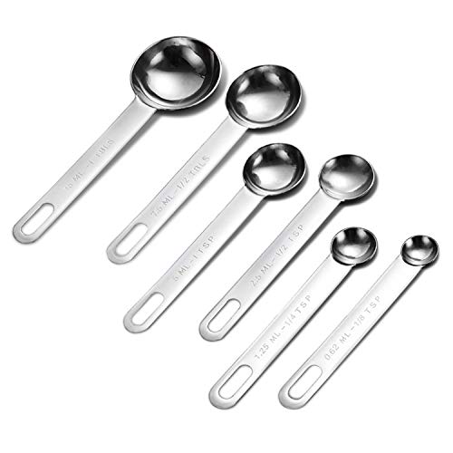 AOOSY Cucharas Medidoras, Juego 6 Piezas,Espejo Redondo de Acero Inoxidable Pulido 1/8 TSP, 1/4 TSP, 1/2 TSP, 1 TSP, 1/2 TBLS y 1 TBLS Cucharas de Medida para Hornear (Plata)