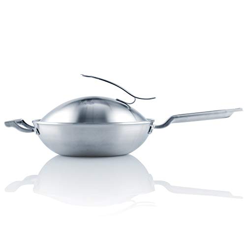 Apertura Sofría del Chef sartén 304 Olla de Acero Inoxidable de Cinco Capas de Acero sin Recubrimiento Compuesto de Acero for la Cocina Wok Pan para la Cocina (Color : Silver, Size : 32cm)