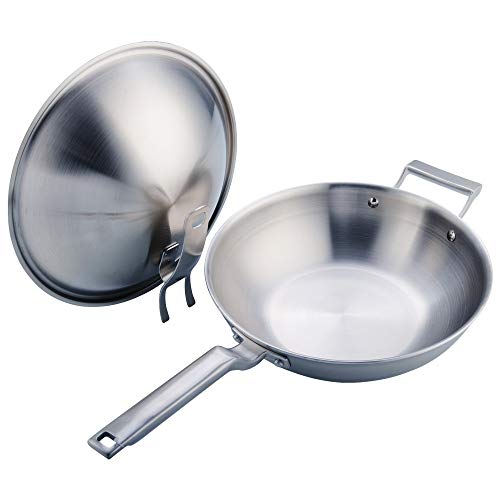 Apertura Sofría del Chef sartén 304 Olla de Acero Inoxidable de Cinco Capas de Acero sin Recubrimiento Compuesto de Acero for la Cocina Wok Pan para la Cocina (Color : Silver, Size : 32cm)