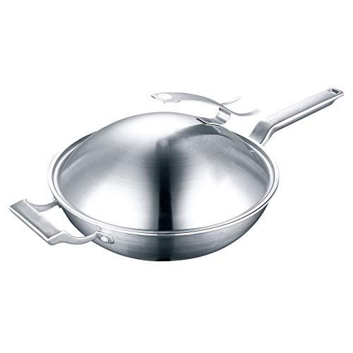 Apertura Sofría del Chef sartén 304 Olla de Acero Inoxidable de Cinco Capas de Acero sin Recubrimiento Compuesto de Acero for la Cocina Wok Pan para la Cocina (Color : Silver, Size : 32cm)