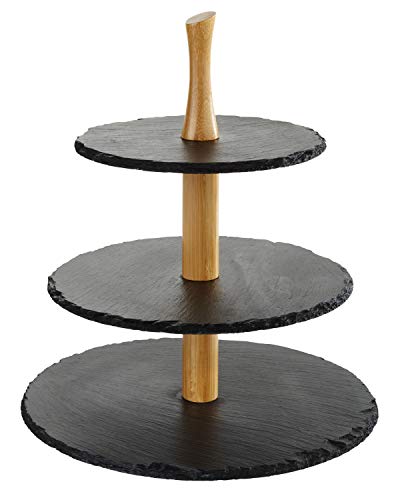 Aps etagére de 3 Niveles, Placas de Pizarra Natural con diámetro 30/25/20 cm, h 34 cm, Aprox. 0,6 cm de Grosor, con Columna de Madera, Antideslizante, möbelschonende pies