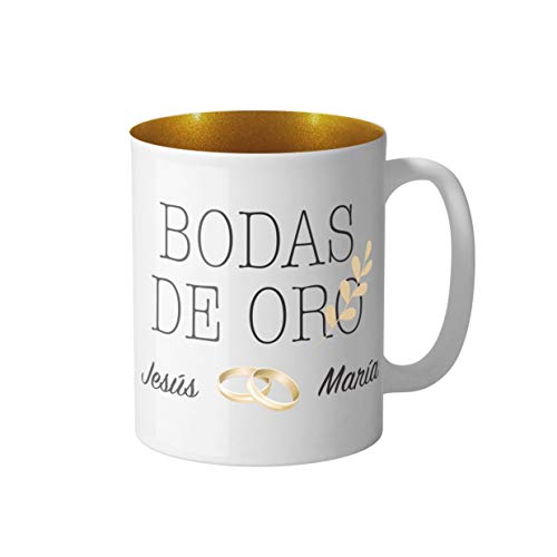 AR Regalos Taza Bodas de Oro Personalizada, Interior Purpurina | Detalle para Bodas de Oro