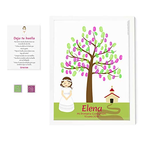 Árbol huellas Niña iglesia Comunión. Personaliza vestido, pelo y ojos. Incluye marco y tintas a elegir. Original cuadro de huellas. Recuerdo de invitados. Árbol de la vida