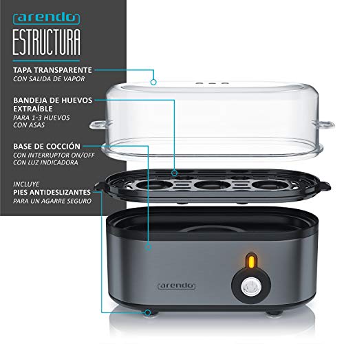 arendo - Cocina de Huevo eléctrica Threecook - Cocedor Compacto de 3 plazas - Interruptor ON Off - Cocción 210 W - 1-3 Huevos - Patas de Goma Antideslizantes - No BPA - Cool Grey