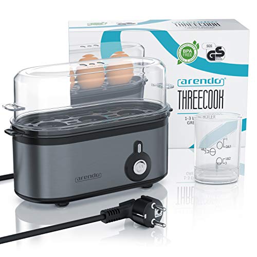 arendo - Cocina de Huevo eléctrica Threecook - Cocedor Compacto de 3 plazas - Interruptor ON Off - Cocción 210 W - 1-3 Huevos - Patas de Goma Antideslizantes - No BPA - Cool Grey