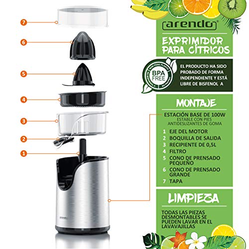 arendo - Exprimidor de cítricos eléctrico en Acero Inoxidable - 100 V Exprimidor de cítricos, de Naranjas, de limas - Sistema Start-Stop - Cono de Prensa Grande y pequeño - tamiz - Libre de BPA