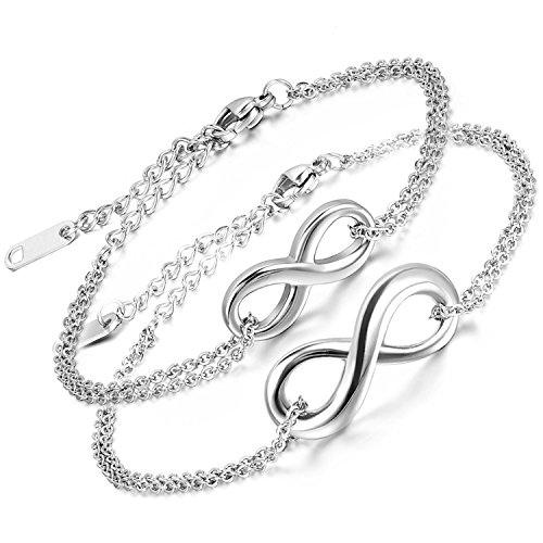 Aroncent 2PCS Pulsera de Hombre Mujer Colgante Infinito de Acero Inoxidable Brazalete Ajustable Símbolo Infinity Juego de Joya Original con Bolsa Regalo para Amor Pareja, Plata (Plata)