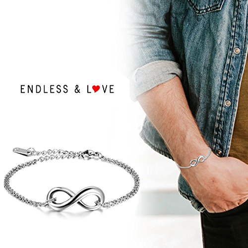 Aroncent 2PCS Pulsera de Hombre Mujer Colgante Infinito de Acero Inoxidable Brazalete Ajustable Símbolo Infinity Juego de Joya Original con Bolsa Regalo para Amor Pareja, Plata (Plata)