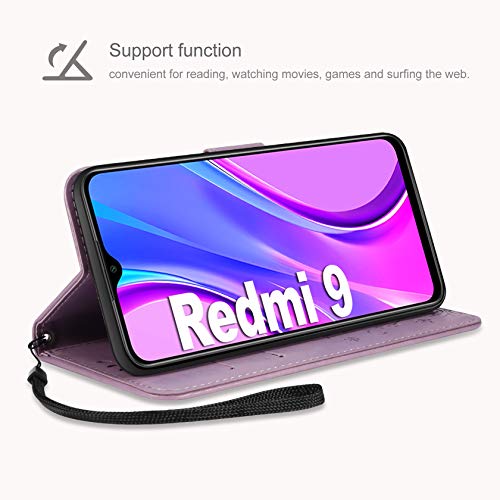 AROYI Funda Xiaomi Redmi 9 & Protector de Pantalla, Relieve Dibujo Carcasa de Tipo Libro Soporte Plegable Ranuras para Tarjetas Magnético Ultra-Delgado Carcasa Case para Xiaomi Redmi 9,Púrpura