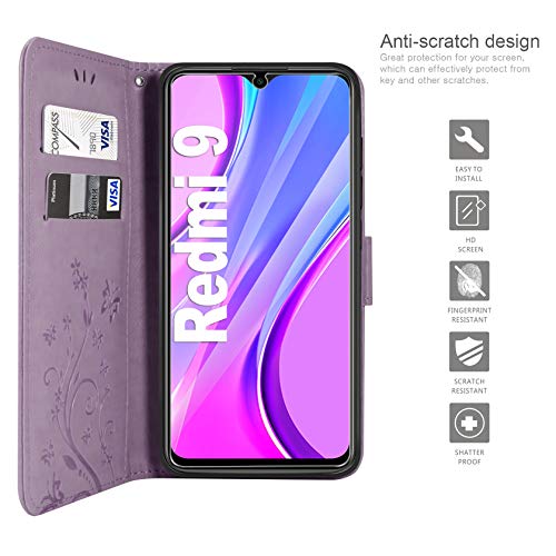 AROYI Funda Xiaomi Redmi 9 & Protector de Pantalla, Relieve Dibujo Carcasa de Tipo Libro Soporte Plegable Ranuras para Tarjetas Magnético Ultra-Delgado Carcasa Case para Xiaomi Redmi 9,Púrpura