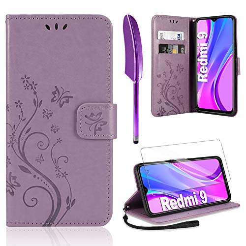 AROYI Funda Xiaomi Redmi 9 & Protector de Pantalla, Relieve Dibujo Carcasa de Tipo Libro Soporte Plegable Ranuras para Tarjetas Magnético Ultra-Delgado Carcasa Case para Xiaomi Redmi 9,Púrpura