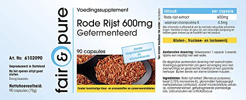 Arroz rojo 600mg - Levadura de Arroz Rojo fermentado - Monacolina K 4,5mg - Vegano - Alta pureza - 90 Cápsulas