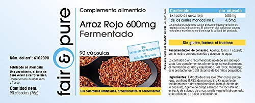 Arroz rojo 600mg - Levadura de Arroz Rojo fermentado - Monacolina K 4,5mg - Vegano - Alta pureza - 90 Cápsulas