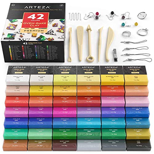 Arteza Kit de arcilla polimérica de colores | 42 bloques de arcilla para hornear | 42 colores individuales | 5 herramientas para esculpir + 30 accesorios para bisutería