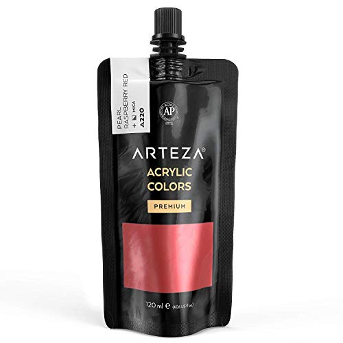 Arteza Pintura acrílica metálica, color Rojo Frambuesa Perla A220, bolsa de 120 ml, alta pigmentación, resistente a la decoloración, no tóxica, para artistas, pintores aficionados y niños