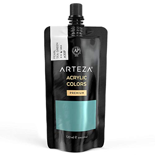 Arteza Pintura acrílica metálica, color Verde Mar Perla A227, bolsa de 120 ml, alta pigmentación, resistente a la decoloración, no tóxica, para artistas, pintores aficionados y niños