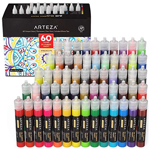 ARTEZA Pintura textil 3D | Juego de 60 tubos de 29 ml | Pinturas para tela | Colores fosforescentes, metálicos y brillantes | Ideales para pintar ropa, accesorios, cerámicas y vidrio