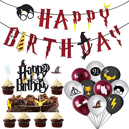 Artículos de Fiesta para Harry Potter BESLIME Suministros para la Fiesta de Harry Potter, Estandarte de cumpleaños, Harry Potter Inspired Cupcake Toppers, Globo de látex