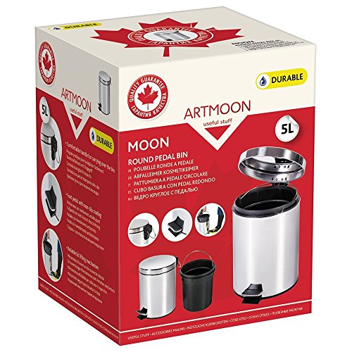 ArtMoon Moon Cubo de Basura Redondo con Pedal 5 L para Baño Cocina | Basurero de Acero Inoxidable Brillante | D 20X28.5 cm