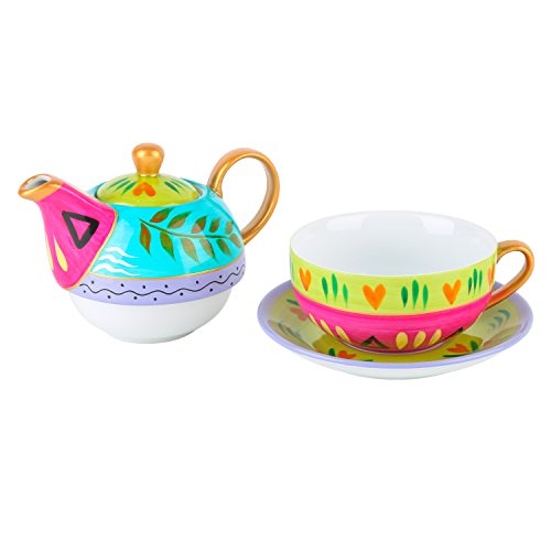 Artvigor Juego de Teteras de Té de Porcelana Dibujado a Mano Juego de Tetera de Cerámica con Tapa 400 ml, Taza 300 ml y Platillo para Café, Té, Tea for One para Cocina, Cafetería, Oficina, Restaurante