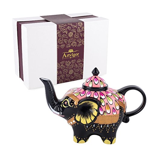 Artvigor Tetera de Café/Té de Porcelana del Diseño del Elefante Pintada a Mano, Tetera de Cerámica de 800 ml, Decoración de la Mesa para Hogar, Cocina, Cafetería, Restaurante - Negro y Morado