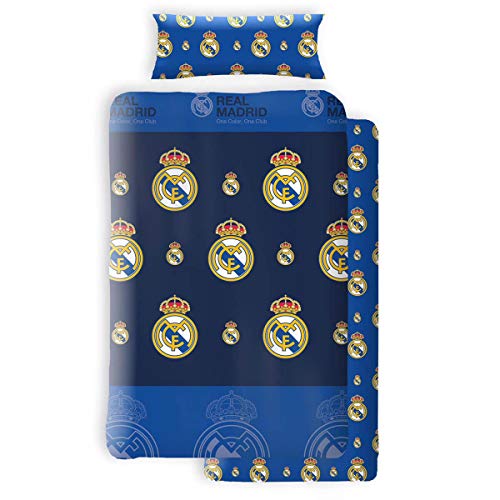 Asditex Juego de Sábanas Coralina Real Madrid, 3 Piezas (1 Sábana Encimera, 1 Funda de Almohada y 1 Sábana Bajera), Diseño con Escudos del Real Madrid Azul. (105 cm)