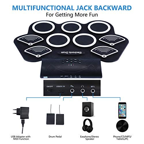 Asmuse Juego de Batería Electrónica Drum Kit Rolling up 9 Almohadillas Eléctrica Drum Kit de Instrumentos para Niños con Altavoz Incorporados Paltillo y Palos