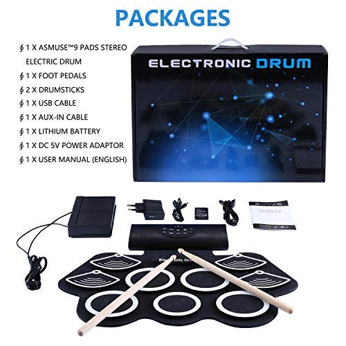 Asmuse Juego de Batería Electrónica Drum Kit Rolling up 9 Almohadillas Eléctrica Drum Kit de Instrumentos para Niños con Altavoz Incorporados Paltillo y Palos