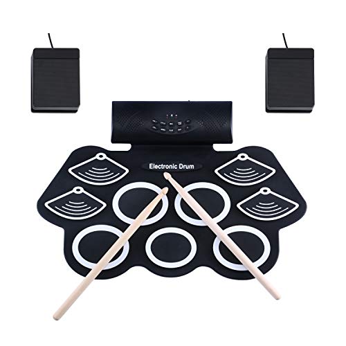 Asmuse Juego de Batería Electrónica Drum Kit Rolling up 9 Almohadillas Eléctrica Drum Kit de Instrumentos para Niños con Altavoz Incorporados Paltillo y Palos