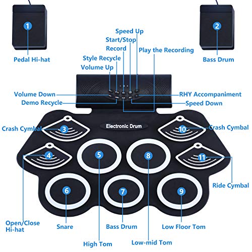 Asmuse Juego de Batería Electrónica Drum Kit Rolling up 9 Almohadillas Eléctrica Drum Kit de Instrumentos para Niños con Altavoz Incorporados Paltillo y Palos