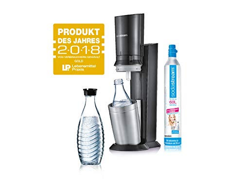 Aspersor de agua SodaStream Crystal 2.0 que incluye 1 cilindro y 2 garrafas de vidrio 0, 6 l Color: Aspersor de agua potable de titanio, acero cepillado, plata, 22 x 11 x 42 cm