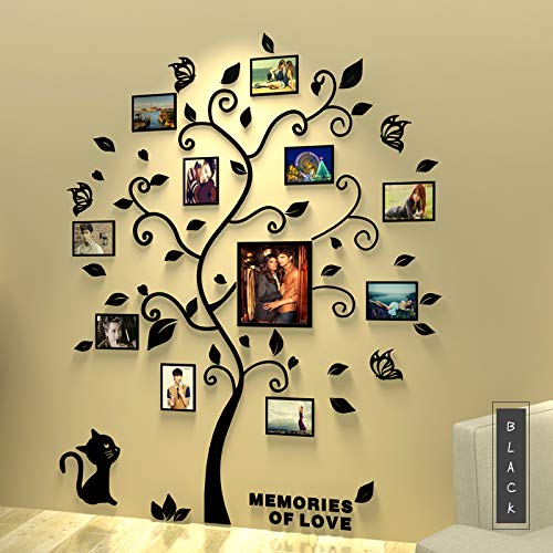 Asvert 3D Pegatina de Árbol Vinilos Hojas Negros 132 * 160 cm con 11 pcs Marcos de Foto Adhesivo Decorativo de Pared para Dormitorio Hogar Oficina