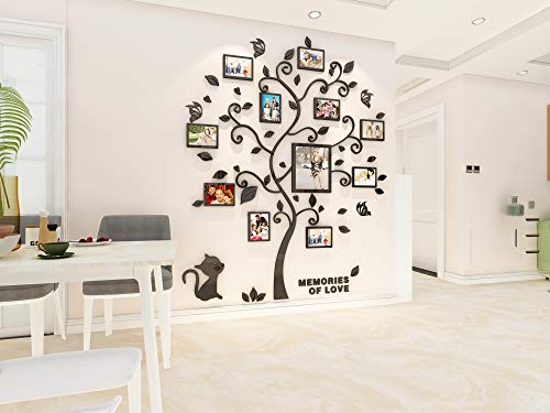 Asvert 3D Pegatina de Árbol Vinilos Hojas Negros 132 * 160 cm con 11 pcs Marcos de Foto Adhesivo Decorativo de Pared para Dormitorio Hogar Oficina