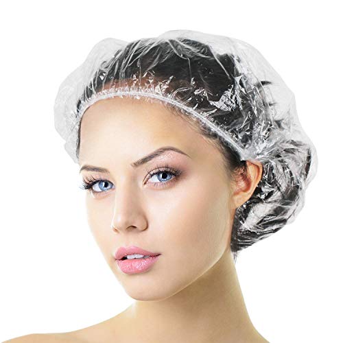 Auban Gorro de ducha desechable, 100 piezas de gorro de ducha, gorro de ducha elástico de plástico transparente, grueso y impermeable, adecuado para mujeres, niñas y salones de hoteles, spas de viaje