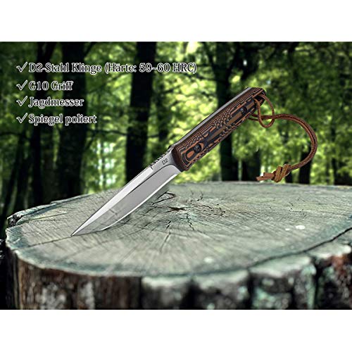 Aubey Cuchillo de caza, afilador D2, hoja de acero inoxidable con exquisita funda de piel, hoja fija, cuchillo de supervivencia, cuchillo de supervivencia, mango G10