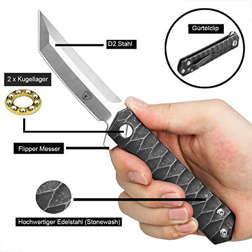 AUBEY Cuchillo Tanto, Cuchillo Bolsillo de Una Mano con Clip para Cinturón, Cuchillo Plegable Supervivencia al Aire Libre, Cuchillo de Pinball, Camping, D2 Cuchillo de Trabajo