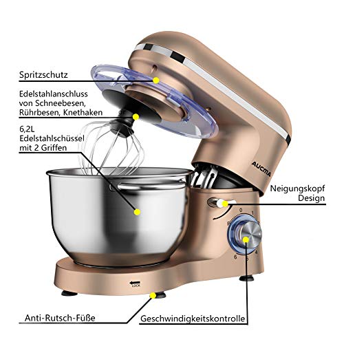 Aucma - Robot de cocina (1400 W, con bol de acero inoxidable de 6,2 L, amasador, batidor,varillas y protección para salpicaduras, 6 velocidades, silencioso)