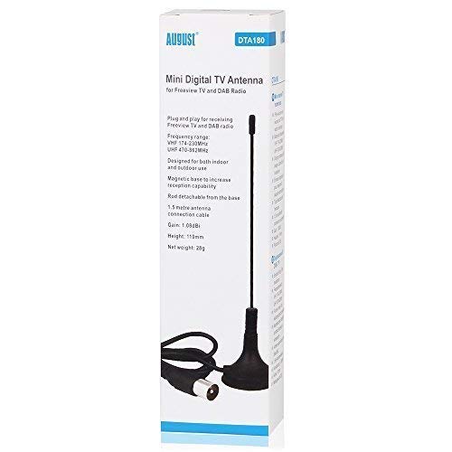 August DTA180 Antena TDT (Televisión Digital Terrestre) – Antena Portátil Interior/Exterior para Receptor TDT USB / Televisión DVB-T / Radio DAB – con Base Magnético